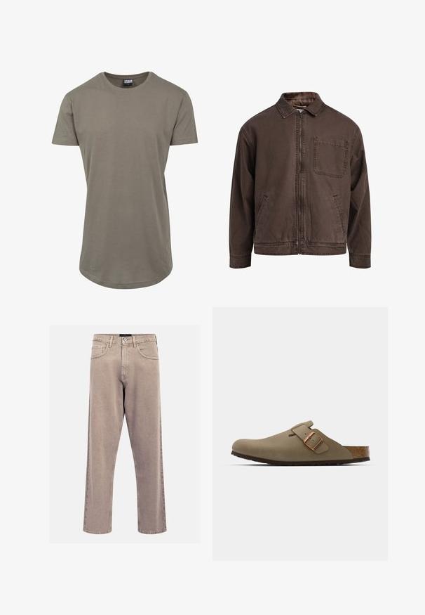 Hnědá bunda na zip vyrobená z odolné látky; má límec, dlouhé rukávy, přední kapsy a jednu kapsu na hrudi.; Olivově zelené tričko vyrobené z měkké bavlny, s kulatým výstřihem a krátkým rukávem, s delším zakřiveným lemem pro uvolněný střih.; Beige džíny rovného střihu vyrobené z denimu, s klasickým designem pěti kapes, prošitými akcenty a čistým zakončením nohavic.; Hnědé dřeváky s hladkým matným povrchem. Na boku mají výraznou bronzovou sponu. Korek a gumová podrážka pro pohodlí.
