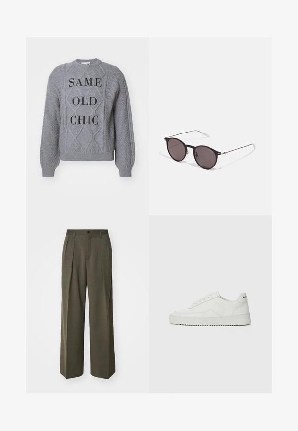 Armani Exchange BLOUSON - Kunstlederjacke - black; MOSCHINO MAGLIA - Strickpullover - grigio; Filippa K WIDE TROUSERS - Stoffhose - driftwood; Weiße Ledersneaker mit glatter Oberfläche, runder Zehenpartie, flachen Schnürsenkeln und strukturiertem Sohlenprofil. Mit einem dezenten Logo an der Ferse.; Schwarze runde Sonnenbrille mit dunklen Gläsern und schlanken Metallbügeln. Enthält klare Tempelspitzen und silberne Akzente am Scharnier. Minimalistisches Design.