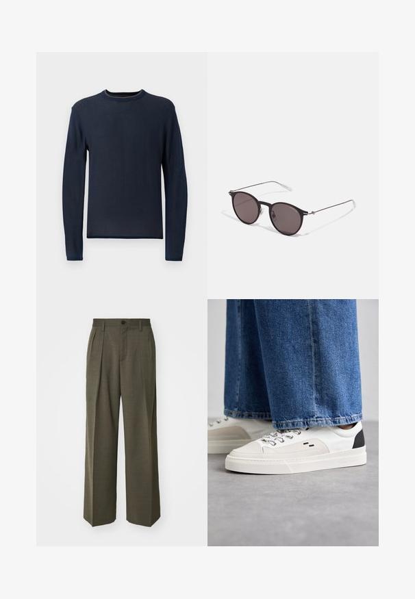 Armani Exchange BLOUSON - Imitatieleren jas - black; Geribbelde marineblauwe trui met lange mouwen, ronde hals en subtiele textuur. Voorzien van een contrasterende afwerking van de binnenkraag.; Filippa K WIDE TROUSERS - Broek - driftwood; Witte en zwarte sneakers met een glad leren bovenwerk, textuuraccenten en een chunky witte zool. Heeft een klassiek vetersluiting ontwerp.; Zwarte ronde zonnebril met donkere lenzen en slanke metalen armen. Inclusief heldere tempelpunten en zilveren accenten bij de scharnier. Minimalistisch ontwerp.
