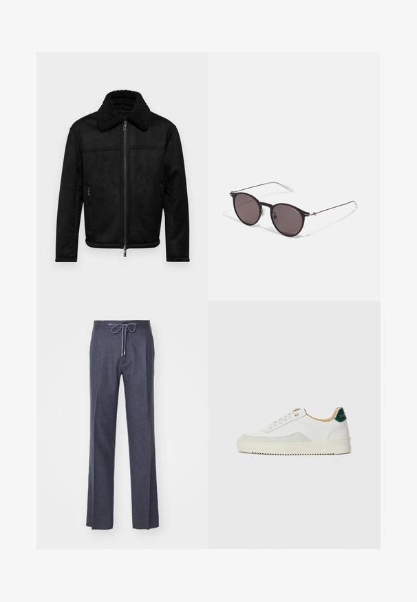 Armani Exchange BLOUSON - Veste en similicuir - black; T-shirt en coton noir avec un col rond, des manches courtes et le logo "EMPORIO ARMANI" en blanc au-dessus de "Milano" dans un design incurvé.; LARDINI Pantalon classique - grey; Baskets blanches avec des accents en daim, bout arrondi, lacets plats et semelle en caoutchouc crème. Présente une marque verte sur le talon.; Lunettes de soleil noires rondes avec verres sombres et branches en métal fines. Comprend des embouts transparents et des accents argentés au niveau de la charnière. Design minimaliste.