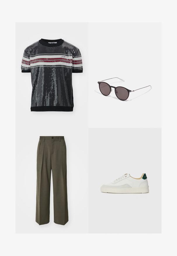 Armani Exchange BLOUSON - Bunda z umělé kůže - black; Krátký rukáv, černý top se štrasovými cvočky a ribbovanou texturou, s bílými a červenými vodorovnými pruhy a kulatým výstřihem. Součástí je logo značky.; Filippa K WIDE TROUSERS - Kalhoty - driftwood; Bílé tenisky se semišovými prvky, kulatou špičkou, plochými tkaničkami a krémovou gumovou podrážkou. Na patě mají zelené logo.; Černé kulaté sluneční brýle s tmavými skly a tenkými kovovými nohami. Obsahují průhledné koncovky nožiček a stříbrné akcenty na pantu. Minimalistický design.