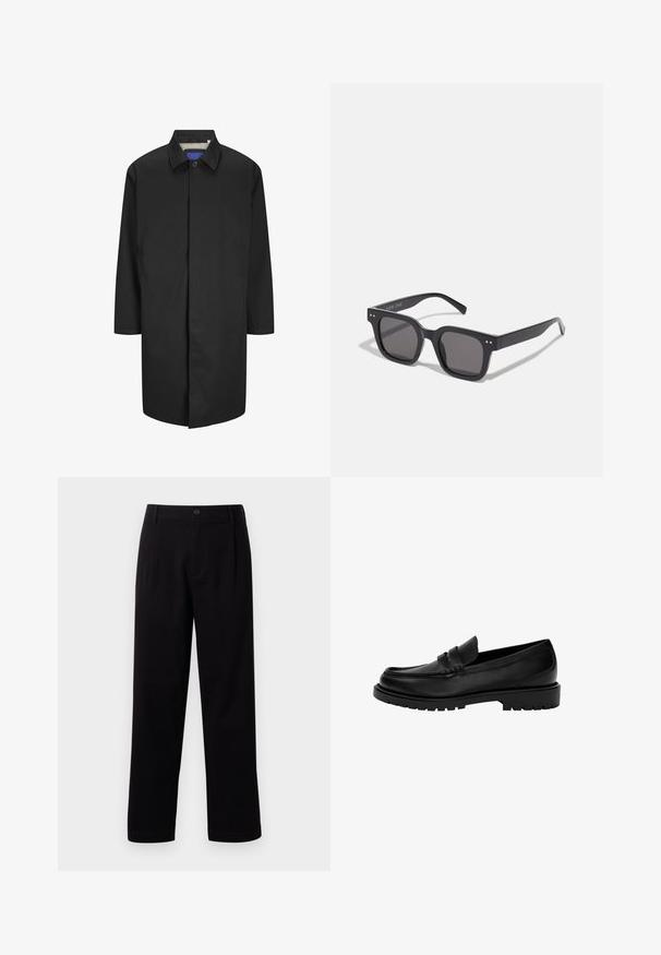 Sort frakke med krave, lange ærmer og sidelommer. Har knaplukning og ternet indvendig foer.; Beige cardigan lavet af blødt, tekstureret strik. Har en rund halsudskæring, ribbekantede manchetter og en cropped søm med sænkede skuldre.; Sorte stofbukser med lige snit, forknytninger foran og en enkelt knaplukning. Glat tekstur og ingen synlige mønstre.; Sorte læder loafers med rund tå, der har et design med to striber, tekstureret syning og en kraftig gummisål.; Sorte rektangulære solbriller med mørke linser, der har en tyk ramme, subtile detaljer på siderne og uden synlige logoer udover mærkenavnet.