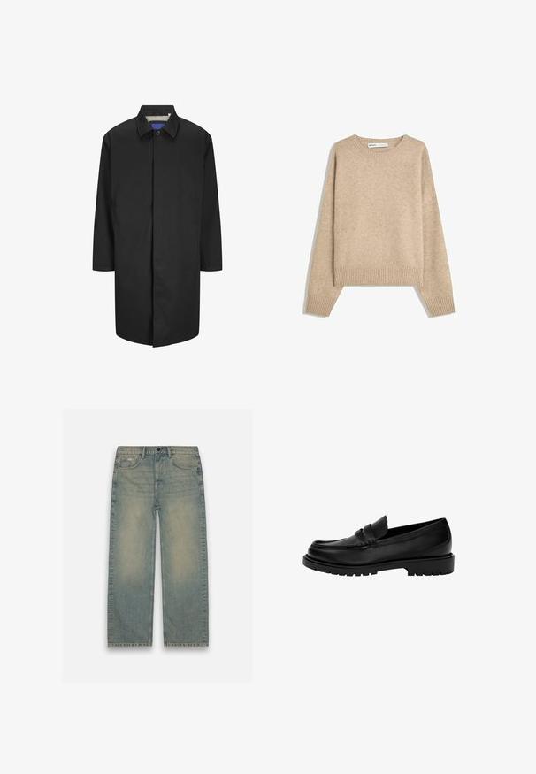 Zwarte jas met een kraag, lange mouwen en zijzakken. Heeft een knoopsluiting en een geruite binnenvoering.; Beige sweater gemaakt van zachte, gestructureerde brei. Heeft een ronde halslijn, geribbelde manchetten en een verkorte zoom met verlaagde schouders.; Lichtblauwe denim jeans met een losse pasvorm, rechte pijpen, vijf zakken en een klassieke knoopsluiting. Vervaagde afwerking en subtiele wassingdetails.; Zwarte leren instappers met een ronde neus, voorzien van een ontwerp met twee strepen, geweven stiksels en een stevige rubberen zool.