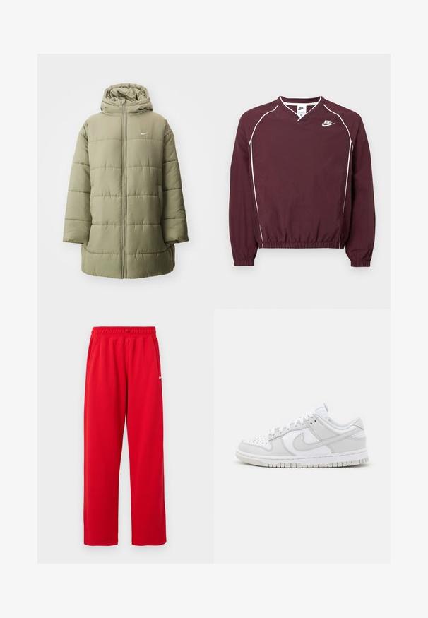 Olive roheline puhv jacket, millel on tõmblukk ees, kapuuts ja tikanditekstuur, millel on rinna peal väike valge logo.; Tumesinine Nike pullover V-kaelusega, elastse ääre ja mansettidega, valgete ääristega, valmistatud kergest kangast. Rinnal asub Nike logo.; Punased spordipüksid elastse vöökohaga, küljetaskud ja valge Nike logo vasakul küljel. Valmistatud siledast kangast.; Valged nahast spordijalatsid hallide aktsentidega, perforatsioonidega varvas, lapikud lipsud, pehmendatud krae ja tekstureeritud kummist tallad.