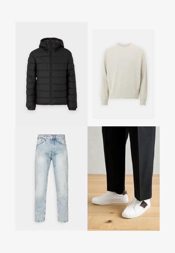 Črna napihnjena jakna s kapuco, prešita zasnova, sprednji zadrga, elastični manšeti in gladka tekstura, ki nudi toploto in izolacijo.; Svetlo bež sweatshirt iz mehkega blaga s krožnim izrezom, dolgimi rokavi ter rebrastimi manšetami in robom. Minimalističen dizajn, brez vidnih vzorcev.; Svijetloplave traperice s visokim strukom, ravnog kroja, dizajnom s pet džepova i blagim isfadanjem po cijeloj tkanini.; Beli športni copati z gladko teksturo, okrašeni z rjavimi usnjenimi detajli in črnimi poudarki, v kombinaciji s črnimi krojenimi hlačami. Ozadje iz lesenih tal.