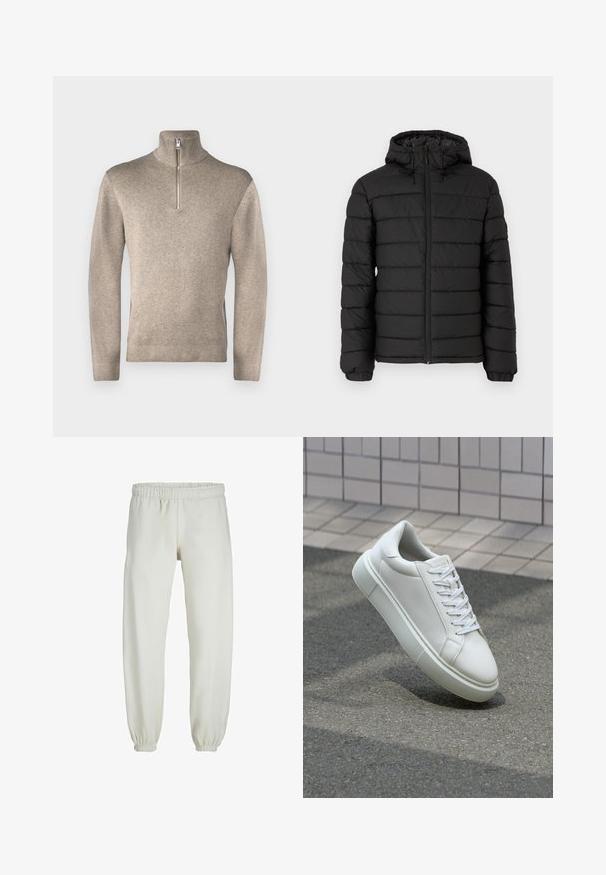 Doudoune noire avec capuche, motif matelassé, fermeture éclair à l'avant, poignets élastiqués et texture lisse, offrant chaleur et isolation.; Jack & Jones PREMIUM JPRBLAMILANO HALF ZIP - Pullover - greige; Pantalons de survêtement blancs en tissu doux, avec une taille et des poignets élastiques, présentant une texture lisse et un design ample.; Baskets en cuir blanc avec une surface lisse, bout rond et lacets plats blancs. Présentent une semelle en caoutchouc texturée et des éléments de design minimalistes.
