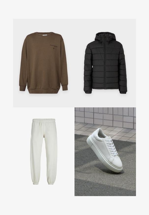 Fekete, kapucnis puffertakó, steppelt mintával, elöl cipzárral, rugalmas mandzsettákkal és sima textúrával, mely melegséget és szigetelést biztosít.; Barna pamut pulóver kerek nyakkivágással, hosszú ujjakkal és bordás mandzsettával. Kiemelkedő jellemzői között szerepel az "Lunar Hypnosis" hímzett szöveg és egy kis csillag díszítés.; Fehér melegítőnadrág, puha anyagból készült, rugalmas derékrésszel és mandzsettával, sima tapintású és laza szabású.; Fehér bőr sportcipő sima felülettel, kerek orral és lapos fehér fűzőkkel. Texturált gumitalppal és minimális dizájnelemekkel rendelkezik.