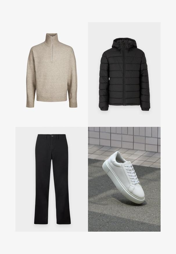 Must musta jope kapuutsiga, vatitud disainiga, ees lukuga, elastsete mansettidega ja siledast tekstuurist, pakkudes soojust ja isolatsiooni.; Jack & Jones JOROLLIE HALF ZIP - Džemper - atmosphere; Mustad püksid on esitatud valge tausta ees, neil on sirge säärekujund ja nööbiga kinnitamine vööl.; Valge nahkline sneka, millel on sile pind, ümar varvas ja lame valge pael. Omab tekstuuriga kummist talla ja minimaalset kujunduselementi.