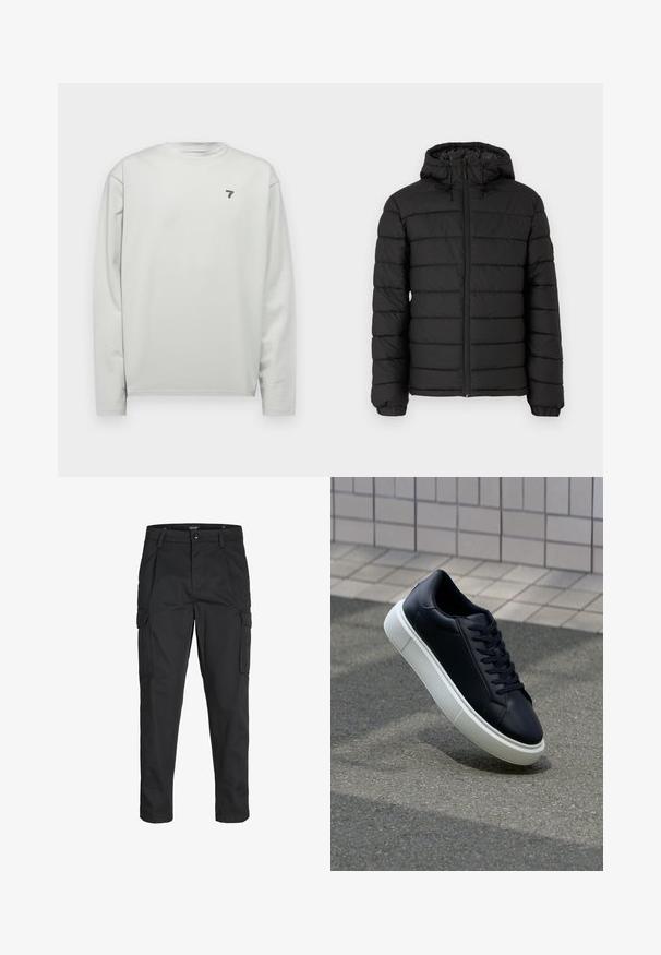 Fekete, kapucnis puffertakó, steppelt mintával, elöl cipzárral, rugalmas mandzsettákkal és sima textúrával, mely melegséget és szigetelést biztosít.; Világosszürke, hosszú ujjú póló kerek nyakkal, texturált anyagból készült, bal mellrészen egy kis tengerészkék logóval.; Fekete cargo nadrág, amely tartós anyagból készült, több zsebet tartalmaz, gombos záródással rendelkezik, és karcsú szabású, szűkített lábakkal bír.; Fekete bőr sportcipő lekerekített orral és fehér gumitalppal. Lapos fűzőkkel és minimális varrásokkal rendelkezik a felsőrészén. Mintás talp a tapadásért.