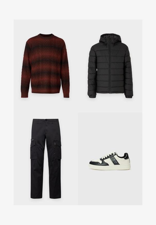 Doudoune noire avec capuche, motif matelassé, fermeture éclair à l'avant, poignets élastiqués et texture lisse, offrant chaleur et isolation.; Jack & Jones JORDUKE CREW NECK - Pullover - brown; Pantalons cargo noirs avec plusieurs poches, une poche zippée sur la cuisse, coupe droite et tissu en coton résistant avec un léger éclat.; Baskets en cuir avec un schéma de couleurs noir et crème, dotées d'accents perforés, d'un col rembourré et d'une semelle texturée.