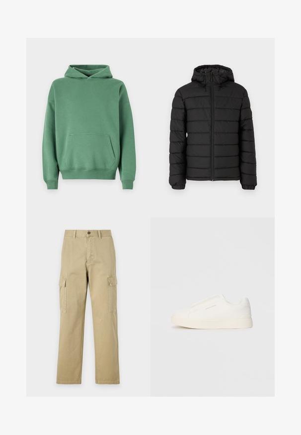 Mustahuppu takki, jossa on tikkipinta, etuvetoketju, joustavat hihansuut ja sileä tekstuuri, tarjoten lämpöä ja eristystä.; Abercrombie & Fitch Essential Popover Hoodie - Collegepaita - myrtle; Beige cargo-housut, jotka on valmistettu puuvillasta, ja niissä on kaksi sivutaskua, napp Closure ja suorat lahkeet, joissa on hieman teksturoitu kangas.; Valkoiset liukusukat, joissa on teksturoitu pinta, paksu pohja ja minimalistikot. Sivulla on brändin logo.