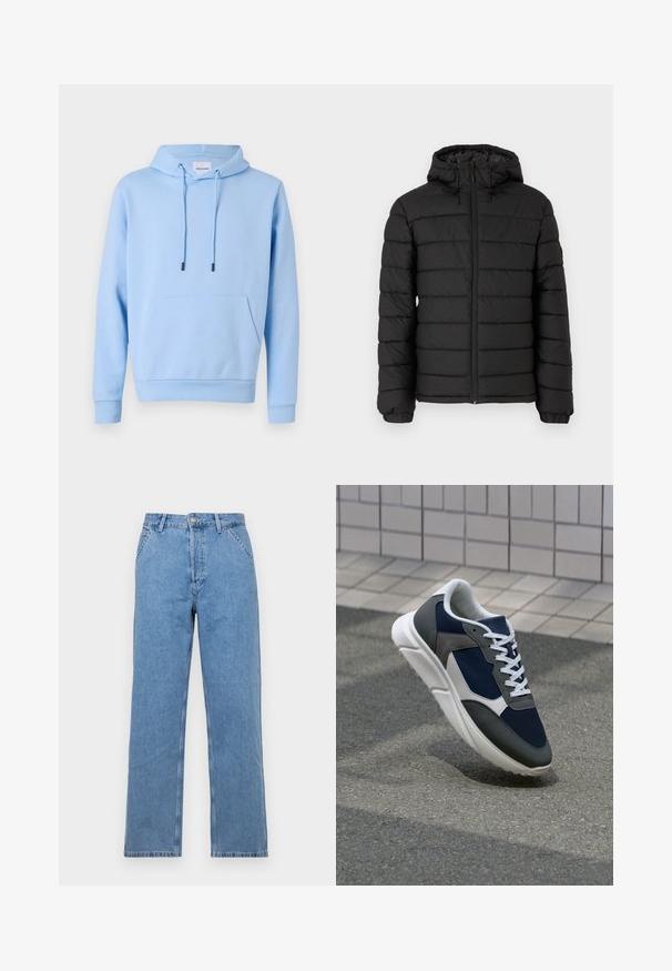 Juodas pūkinis švarkas su gobtuvu, siuvinėta medžiaga, priekinis užtrauktukas, elastingi rankogaliai ir švelni tekstūra, teikianti šilumą ir izoliaciją.; Šviesiai mėlynas džemperis su gobtuvu, pagamintas iš minkštos medžiagos, turi priekinę kengūros kišenę, reguliuojamus raiščius ir gumatą rankogaliuose bei hemėje.; Šviesiai mėlyni džinsai tiesia kojelė su klasikinio penkių kišenių dizainu, su priekiniu mygtuko užsegimu ir diržo kilpelėmis. Lygus paviršius.; Sportiniai bateliai su tamsiai mėlynu tinkliniu viršumi, pilkais zomšiniais akcentais, balta guma padanga ir plokščiomis baltomis raištelėmis, sukurti komfortui ir oro pralaidumui.