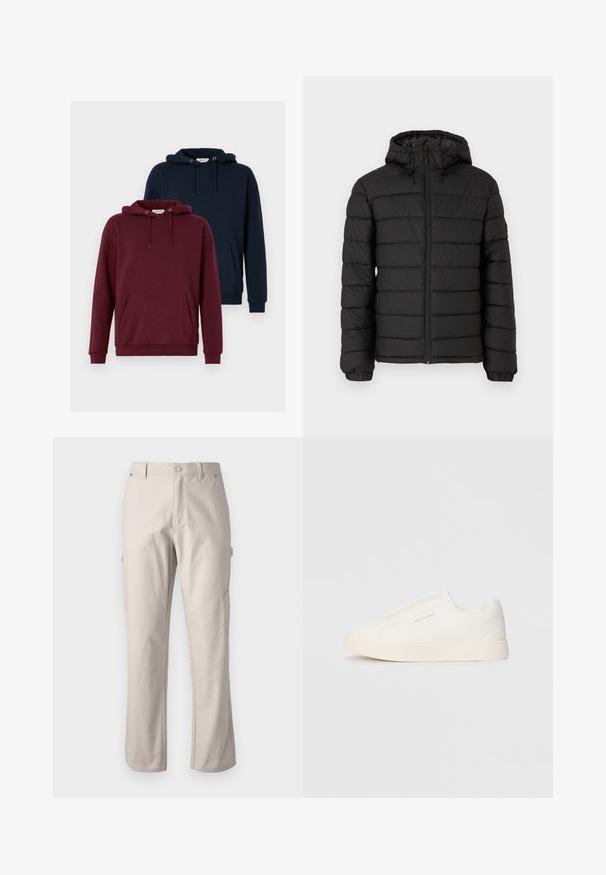 Giacca a vento nera con cappuccio, design trapuntato, zip frontale, polsini elasticizzati e una texture liscia, che offre calore e isolamento.; Due felpe: una bordeaux e una blu navy. Entrambe presentano una tasca a marsupio frontale, cappucci con coulisse, polsini a costine e una texture in tessuto morbido.; Pantaloni cargo beige realizzati in cotone resistente con gambe dritte, chiusura frontale con bottone e tasche laterali per utility. Texture liscia con cuciture sottili.; Sneakers bianchi slip-on con superficie texturizzata, suola spessa e design minimalista. Presentano il logo del marchio sul lato.