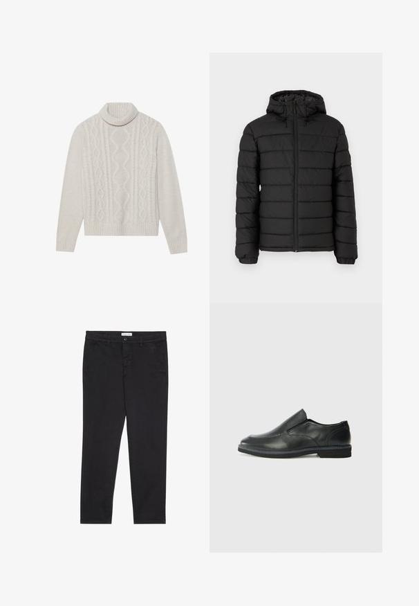 Zwarte pufferjack met capuchon, gewatteerd ontwerp, vooraan met rits, elastische manchetten en een gladde textuur, biedt warmte en isolatie.; Crème-kleurige kabelgebreide trui met een hoge ribbels-collarf, voorzien van een textuurpatroon en ribbels bij de manchetten en onderrand. Zachte wolmix.; Zwarte katoenen broeken met een slim fit, voorzien van twee zijzakken en een sluiting met een voorknop. Geweven stof met subtiele.details.; Zwarte leren instapper met een soepele bovenkant, gestikte accenten, ronde neus en een lage rubberen hak. De zool heeft minimale profiel.