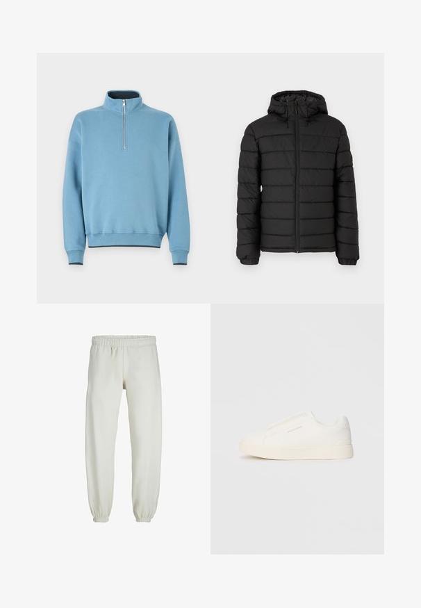 Černá péřová bunda s kapucí, prošívaný design, přední zip, elastické manžety a hladká textura, nabízí teplo a izolaci.; Světle modrý svetr s vysokým límcem, polovičním zipem vpředu a žebrovanými manžetami. Měkká tkanina, volný střih a kontrastní tmavé lemy.; Bílé tepláky vyrobené z měkkého materiálu, s elastickým pasem a manžetami, s hladkou texturou a volným střihem.; Bílé slip-on tenisky s texturovaným povrchem, silnou podešví a minimalistickým designem. Na boku je umístěno logo značky.