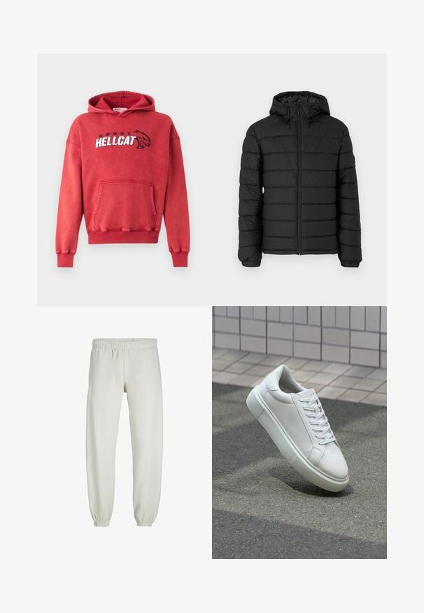 Giacca a vento nera con cappuccio, design trapuntato, zip frontale, polsini elasticizzati e una texture liscia, che offre calore e isolamento.; Felpa in cotone rossa con tasca frontale. Presenta il logo "DODGE HELLCAT" in bianco e nero sul petto. Polsini e orlo a coste. Texture morbida.; Pantaloni tuta bianchi realizzati in tessuto morbido, dotati di vita e polsini elastici, con una texture liscia e una vestibilità ampia.; Sneaker bianco in pelle con superficie liscia, punta rotonda e lacci piatti bianchi. Presenta una suola in gomma texturizzata e un design minimale.