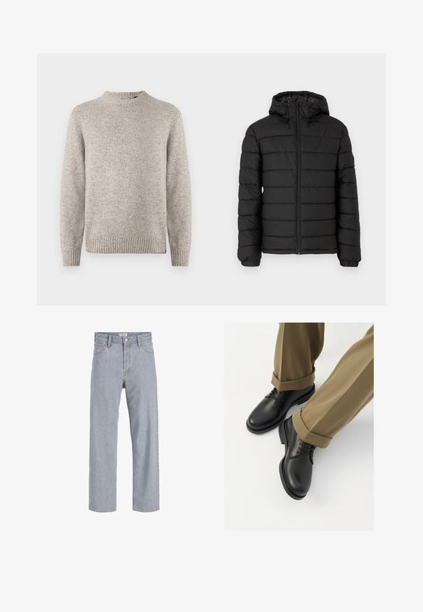 Černá péřová bunda s kapucí, prošívaný design, přední zip, elastické manžety a hladká textura, nabízí teplo a izolaci.; Světlý šedý pletený svetr s kulatým výstřihem, žebrovanými manžetami a lemem a strukturovaným povrchem. Žádné viditelné vzory nebo akcenty.; Světlé modré denimové džíny s uvolněným střihem, rovnými nohavicemi, viditelným šitím, dvěma předními kapsami a zapínáním na knoflík.; Černé kožené společenské boty s hladkým povrchem, s tkaničkami a kulatou špičkou, kombinované s vykrojenými khaki kalhotami.