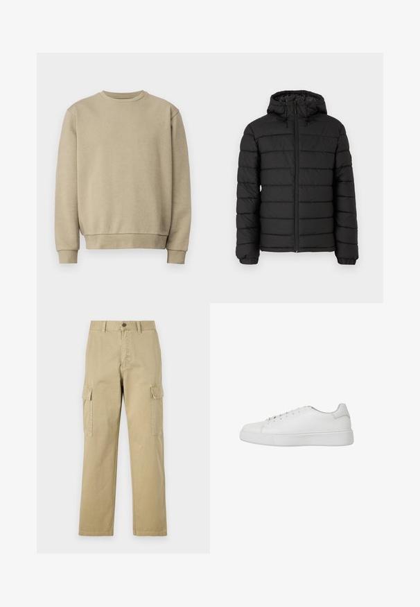 Must musta jope kapuutsiga, vatitud disainiga, ees lukuga, elastsete mansettidega ja siledast tekstuurist, pakkudes soojust ja isolatsiooni.; Beež ketsiga, ümmarguse kaelusega, soonikkäte ja -servaga. Valmistatud pehmest kangast, millel on sile tekstuur ja minimalistik disain.; Beige cargos, mis on valmistatud puuvillast, sisaldavad kahte küljetaskut, nööbiga sulgemist ja sirgeid jalgu, millel on kergelt tekstureeritud kangas.; Valged tossud, mis on valmistatud siledast nahast, ümarate varvastega, õmmeldud detailide ja lameda kummist tallaga. Minimalistlik disain, millel on lipsudega kinnitamine.