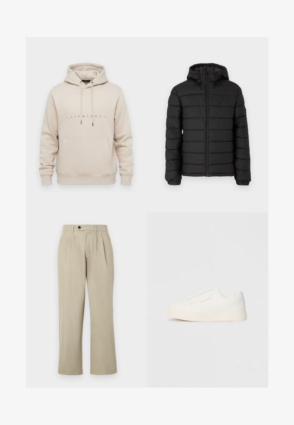 Casaco puffer preto com capuz, design acolchoado, fecho frontal com zíper, punhos elásticos e uma textura suave, oferecendo calor e isolamento.; Sweatshirt bege com bolso frontal, capuz ajustável por cordão e "JACK & JONES" impresso em pequenas letras pretas no peito.; Calças bege com corte descontraído, apresentando pregas, fecho de botão, bolsos laterais e pernas retas. Textura de tecido suave.; Sapatilhas brancas de atacar com uma superfície texturizada, sola grossa e design minimalista. Possui o logo da marca na lateral.