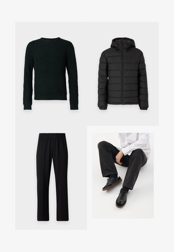 Black puffer jacket with a hood, quilted design, front zipper, elasticated cuffs, and a smooth texture, offering warmth and insulation.; Black chunky knit crewneck sweater with long sleeves and ribbed cuffs and hem, displayed on a white background.; Black, elastic-waist trousers with a straight-leg design, featuring a smooth texture and no visible patterns or hardware.; Black sneakers with a smooth and textured upper, featuring a rubber sole and dark laces. Paired with black jeans and a white striped shirt.