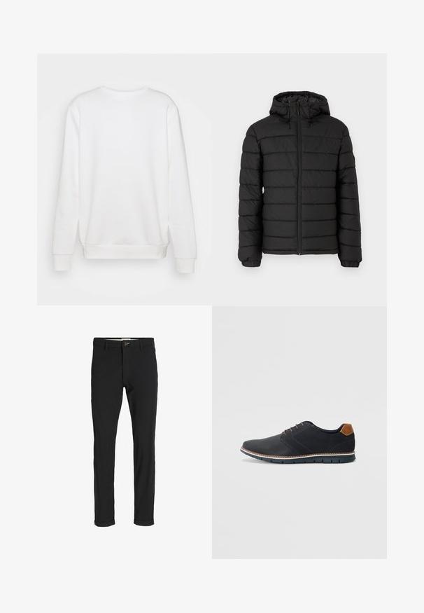 Černá péřová bunda s kapucí, prošívaný design, přední zip, elastické manžety a hladká textura, nabízí teplo a izolaci.; Bílá sweatshirt s kulatým výstřihem a dlouhými rukávy, žebrované manžety a lem. Hladký povrch, jednoduchý design, bez viditelných log nebo vzorů.; Černé kalhoty z bavlněné směsi s úzkým střihem, s knoflíkovým zapínáním, kapsami a ohrnutými manžetami pro uvolněný vzhled.; Černé syntetické boty s texturovaným svrškem, hladkými detaily, hnědým podpatkem a kontrastní podrážkou. Obsahují minimální šněrování a švy.