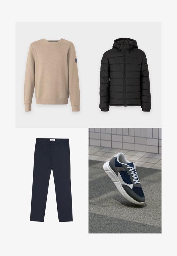 Must musta jope kapuutsiga, vatitud disainiga, ees lukuga, elastsete mansettidega ja siledast tekstuurist, pakkudes soojust ja isolatsiooni.; TOM TAILOR STRUCTURED CREW NECK - Pusa - palm cashmere structure; Tumedad sinised puuvillased chinos, millel on sile tekstuur, suletav lukuga, vöödetailid ja küljetaskud praktilisuse tagamiseks.; Sneaker, mille sinine võrkkangas, hallid nubukdetailid, valge kummitald ja lamedad valged paelad, disainitud mugavuseks ja hingavuseks.