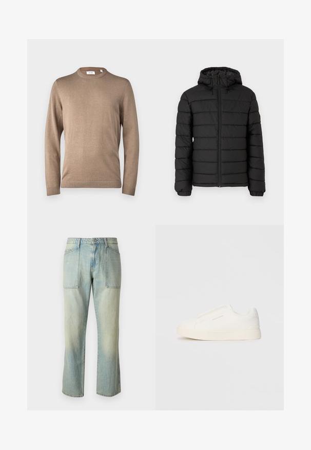 Czarna kurtka puchowa z kapturem, pikowany design, zamek błyskawiczny z przodu, elastyczne mankiety oraz gładka faktura, zapewniająca ciepło i izolację.; Only & Sons ONSALEX taupe; Jasnoniebieskie dżinsy z prostymi nogawkami, widocznymi szwami i dwiema dużymi kieszeniami z przodu. Tkanina ma wyblakłą strukturę.; Białe sneakersy wsuwane z teksturowanej powierzchni, grubą podeszwą i minimalistycznym designem. Zawierają logo marki z boku.