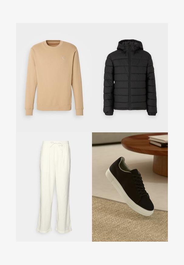 Must musta jope kapuutsiga, vatitud disainiga, ees lukuga, elastsete mansettidega ja siledast tekstuurist, pakkudes soojust ja isolatsiooni.; Beige sweatshirt pehmest materjalist, mis on varustatud ümmarguse kaelusega, pikkade varrukatega, soonikkudega mansettidega ja minimaalsete logode broderiaga rinnal.; Lina püksid tühjas valges, millel on paelaga vöökoht, veidi laiemad sääred ja keeratud varrud mugavaks istumiseks. Taskud puuduvad.; Mustad musta tossuga valge tallaga, mis hõljub beeži tekstuuriga vaiba kohal, ümaral puidust laual, mille peal on kokku virnastatud raamatud.