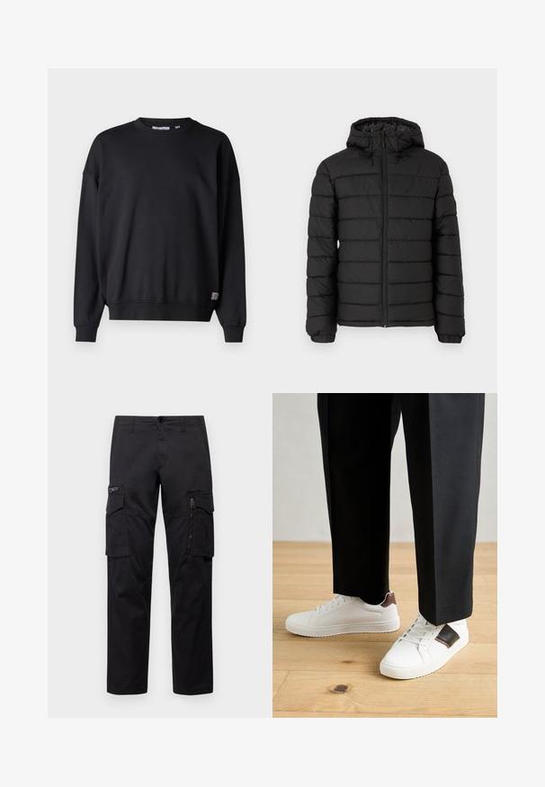 Černá péřová bunda s kapucí, prošívaný design, přední zip, elastické manžety a hladká textura, nabízí teplo a izolaci.; Černá mikina s dlouhými rukávy, kulatým výstřihem, žebrovanými manžetami a lemem. Vyrobena z měkké tkaniny, má malou nášivku s logem ve spodní části.; Černé cargo kalhoty s několika kapsami, zipovou kapsou na stehnu, přímým střihem a pevnou bavlněnou tkaninou s lehkým leskem.; Bílé tenisky s hladkým povrchem, s hnědými koženými akcenty a černými detaily, kombinované s černými kalhotami na míru. Pozadí tvoří dřevěná podlaha.