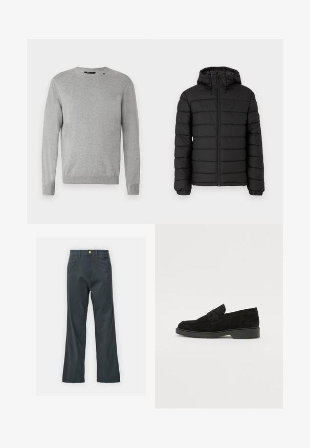 Crna puffer jakna s kapuljačom, sa šivenim uzorkom, prednjim zatvaračem, elastičnim manžetama i glatkom teksturom, koja pruža toplinu i izolaciju.; Svijetlosivi pulover s dugim rukavima, okruglim izrezom, pletenom teksturom i jednostavnim dizajnom s malim logotipom iznad lijevog ramena.; Crne hlače s ravnim krojem, napravljene od tkanine s pamukom. Imaju metalnu dugmad za zatvaranje i bočne džepove. Nema vidljivih uzoraka.; Crne samočiste čizme od nubuka s niskim potpeticama, s jednostavnom trakom na gornjem dijelu i teksturiranim detaljima uz bočne strane.