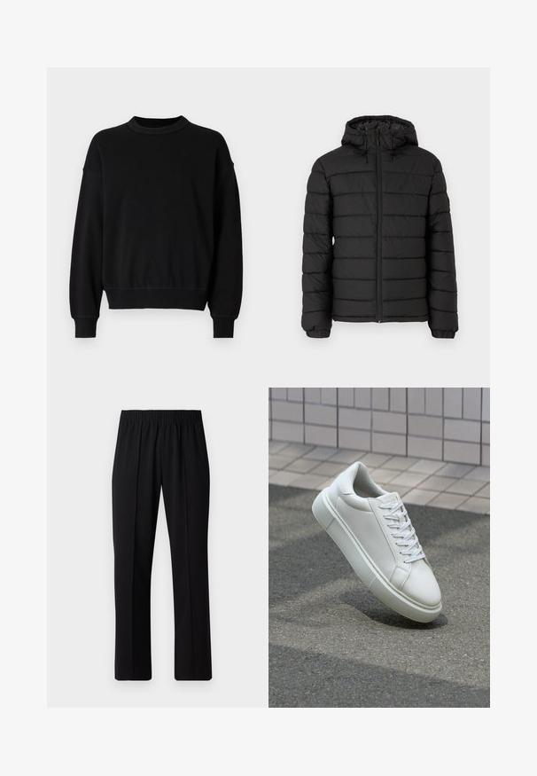Fekete, kapucnis puffertakó, steppelt mintával, elöl cipzárral, rugalmas mandzsettákkal és sima textúrával, mely melegséget és szigetelést biztosít.; Fekete pulóver sima anyagból, kerek nyakkivágással, hosszú ujjal és szűkített mandzsettával, laza fazonnal deréktájon.; Fekete, gumíros derekú nadrág egyenes szabással, sima felülettel, látható minták vagy fémrészek nélkül.; Fehér bőr sportcipő sima felülettel, kerek orral és lapos fehér fűzőkkel. Texturált gumitalppal és minimális dizájnelemekkel rendelkezik.