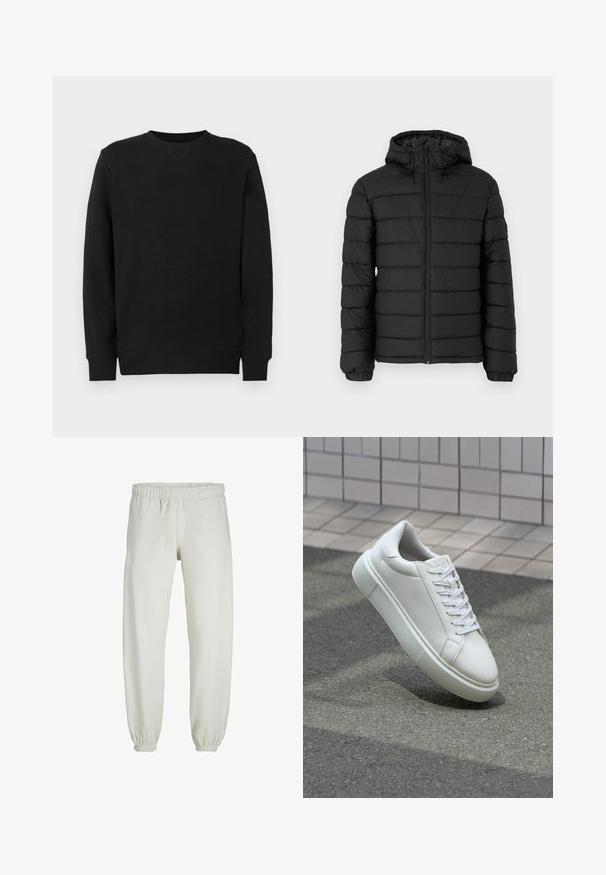Črna napihnjena jakna s kapuco, prešita zasnova, sprednji zadrga, elastični manšeti in gladka tekstura, ki nudi toploto in izolacijo.; Črna majica s dolgimi rokavi, okroglim izrezom, z rebrastimi manšetami in robom, prikazana na enobarvni beli podlagi.; Bele trenerke narejene iz mehkega blaga, z elastičnim pasom in manšetami, gladke teksture in ohlapnega kroja.; Bela usnjena teniska obutev z gladko površino, okroglo konico in ravnimi belimi vezalkami. Ima teksturiran gumijast podplat in minimalne oblikovalske elemente.