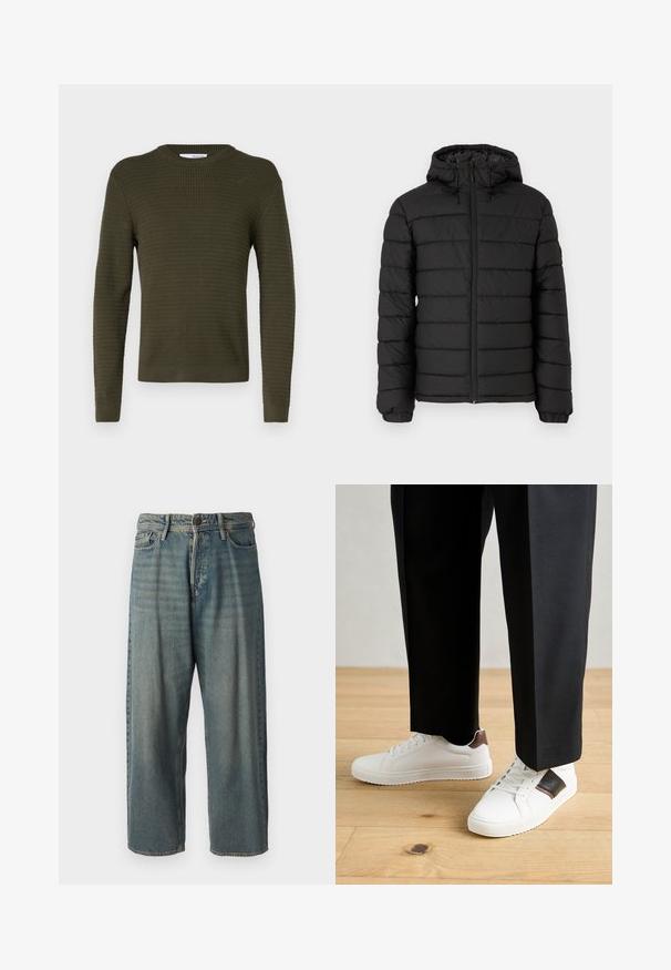 Black puffer jacket with a hood, quilted design, front zipper, elasticated cuffs, and a smooth texture, offering warmth and insulation.; Olive green knitted sweater with a crew neckline, ribbed texture, and long sleeves; features a streamlined, fitted shape.; Light blue denim jeans with a loose fit, mid-rise waist, and straight legs. Features five pockets, belt loops, and a button closure.; White sneakers with smooth texture, featuring brown leather accents and black detailing, paired with black tailored pants. Wooden floor background.