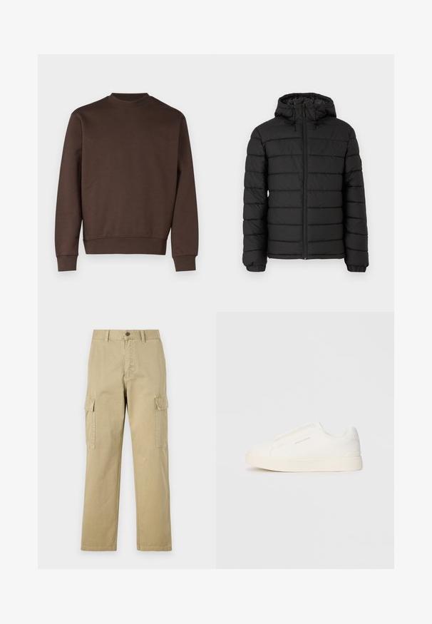 Black puffer jacket with a hood, quilted design, front zipper, elasticated cuffs, and a smooth texture, offering warmth and insulation.; Brown crewneck sweatshirt made of a smooth cotton blend. Features ribbed cuffs and hem, simple design without patterns or embellishments.; Beige cargo pants made of cotton, featuring two side pockets, a button closure, and straight legs with a slightly textured fabric.; White slip-on sneakers with a textured surface, a thick sole, and minimalistic design. Features brand logo on the side.