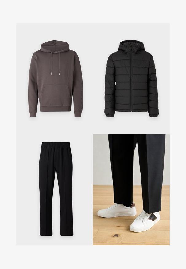 Black puffer jacket with a hood, quilted design, front zipper, elasticated cuffs, and a smooth texture, offering warmth and insulation.; Gray hooded sweatshirt in soft fabric, featuring a front kangaroo pocket, drawstrings, and ribbed cuffs and hem. Subtle logo on chest.; Black, elastic-waist trousers with a straight-leg design, featuring a smooth texture and no visible patterns or hardware.; White sneakers with smooth texture, featuring brown leather accents and black detailing, paired with black tailored pants. Wooden floor background.