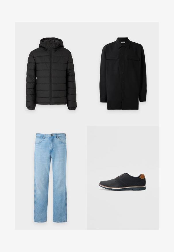 Must musta jope kapuutsiga, vatitud disainiga, ees lukuga, elastsete mansettidega ja siledast tekstuurist, pakkudes soojust ja isolatsiooni.; Mustmust värvi nööpidega särk, mis on valmistatud sujuvast kangast, klassikalise kraega, kahe eesmise tasku ja pikkade varrukatega, millel on nööpidega mansetid.; Heledad sinised sirged teksad, valmistatud denimist, klassikalise viie-tasku disainiga, õmbluste detailidega ja metallist nupuga kinnitusega.; Mustavad sünteetilised jalatsid tekstureeritud pealsega, siledad aktsendid, pruun kand ja kontrastne tall. Omab minimaalset lukkude ja õmbluste dekoratsiooni.