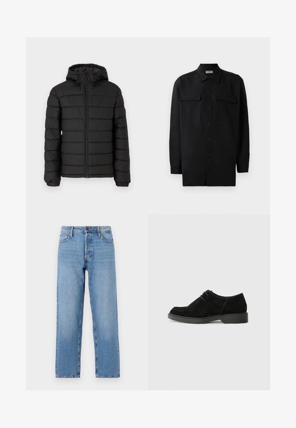 Melnā pūkāmā jaka ar kapuci, ar quilted dizainu, priekšējo rāvējslēdzēju, elastīgām piedurknēm un gludu tekstūru, nodrošinot siltumu un izolāciju.; Melnā pogu krekla, kas izgatavota no gludas auduma, ar klasisku apkakli, divām priekšējām kabatām un garām piedurknēm ar pogu aprocēm.; Gai zilu džinsi ar taisnu kāju dizainu, ar pogu un rāvējslēdzēju, piecu kabatu stilā un vieglu nolietojumu.; Melnas zamša kleitu kurpes ar noapaļotu pirkstu, kontrastējošu šuvju un gumijas zoli. Ievērojams minimālais auklu dizains un gludā augšdaļa.