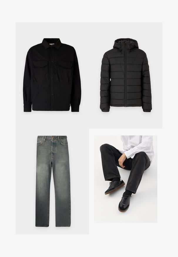 Čierna bomberová bunda s kapucňou, prešívaný dizajn, predný zips, elastické manžety a hladká textura, poskytujúca teplo a izoláciu.; Jack & Jones JCOHELVETICA PARACHUTE OVERSHIRT - Košeľa - black; Jack & Jones JJIALEX JJCOOPER - Džínsy baggy - black denim; Čierne tenisky s hladkým a textúrovaným zvrškom, s gumovou podrážkou a tmavými šnúrkami. Kombinované s čiernymi džínsami a bielo-prúžkovanou košeľou.