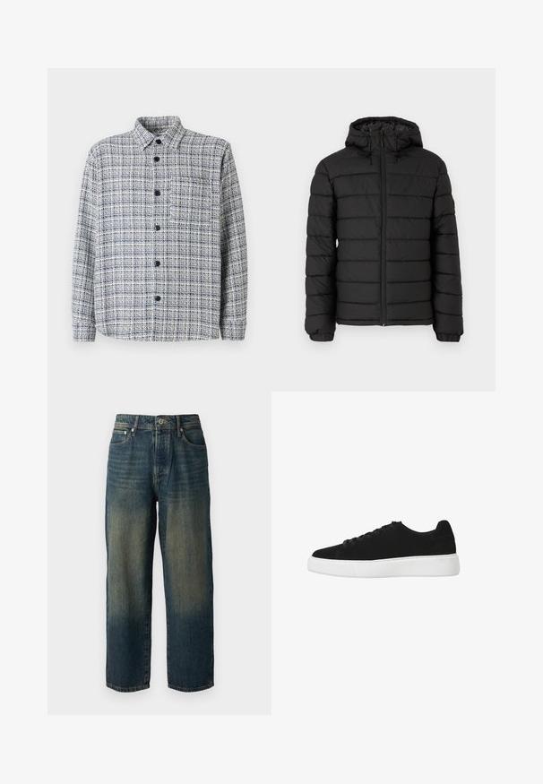 Giacca a vento nera con cappuccio, design trapuntato, zip frontale, polsini elasticizzati e una texture liscia, che offre calore e isolamento.; Camicia con bottoni di un modello a quadri blu e crema, dotata di colletto, maniche lunghe e taschino sul petto. Realizzata in tessuto intrecciato testurizzato.; Jeans in denim blu con taglio dritto, caratterizzati da un design sbiadito con tonalità più chiare verso l'orlo, cinque tasche e chiusura con bottone.; Sneaker nera in suede con punta arrotondata, chiusura con lacci e suola in gomma bianca. Design semplice con accenti minimi e texture liscia.