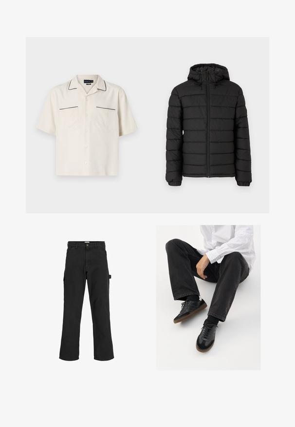 Zwarte pufferjack met capuchon, gewatteerd ontwerp, vooraan met rits, elastische manchetten en een gladde textuur, biedt warmte en isolatie.; Beige overhemd met korte mouwen en zwarte bies langs de kraag en zakranden. Beschikt over twee frontzakken en een knoopsluiting.; Zwarte cargobroek van een katoenmix. Heeft wijde pijpen, schuin voorzakken en een zijzak met een lus voor accessoires.; Zwarte sneakers met een glad en textuur detail, voorzien van een rubberen zool en donkere veters. Gecombineerd met zwarte jeans en een wit gestreept shirt.