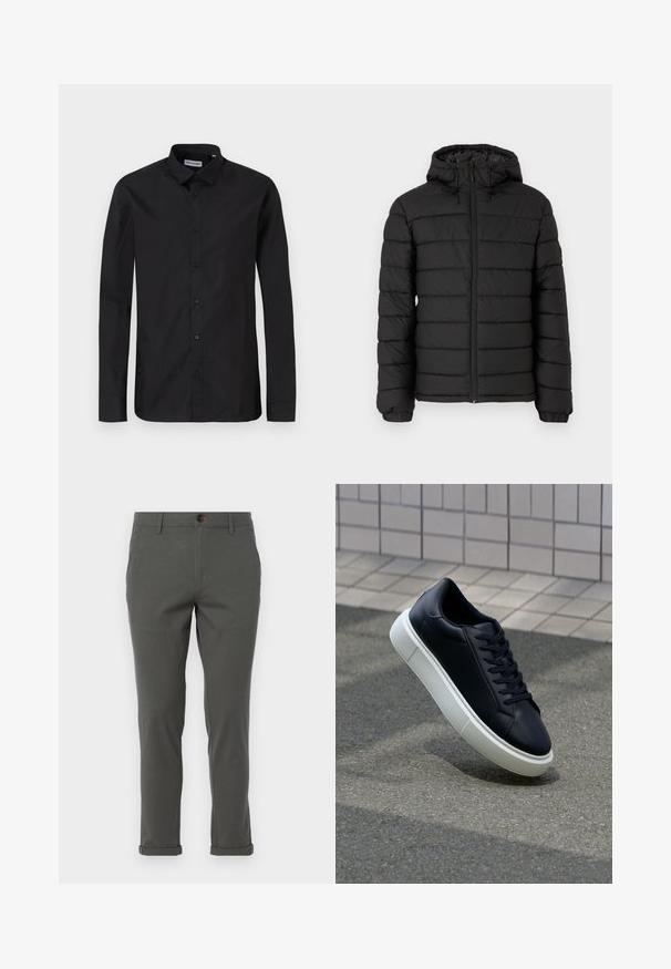 Svart puffjacka med huva, quiltad design, framdragkedja, elastiska ärmslut och en mjuk textur, som erbjuder värme och isolering.; Svart långärmad skjorta med knappar och klassisk krage, tillverkad av mjukt tyg, med framknappning och en vanlig passform.; Grå byxor med rak benform, tillverkade av lätt tyg, med en uppvikt fåll och en enda framknappsstängning.; Svart lädersneaker med rundad tå och vit gummisula. Har platta snören och minimal sömnad på ovansidan. Texturerad sula för grepp.