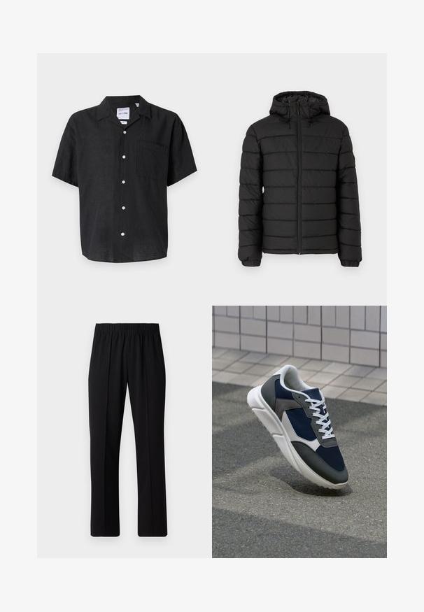Μαύρο μπουφάν με κουκούλα, σχέδιο με καπιτονέ, μπροστινό φερμουάρ, ελαστικές μανσέτες και λεία υφή, προσφέροντας ζεστασιά και μόνωση.; Μαύρο κοντομάνικο πουκάμισο με κουμπιά από λινό. Διαθέτει τσέπη στο αριστερό μέρος του στήθους και λευκά κουμπιά που αντίκρισμα με την υφή του υφάσματος.; Μαύρο παντελόνι με ελαστική μέση και ίσια γραμμή, με λεία υφή και χωρίς εμφανή σχέδια ή μεταλλικά στοιχεία.; Αθλητικά παπούτσια με επάνω μέρος από ναυτικό μπλε διχτυωτό ύφασμα, γκρι σουέτ λεπτομέρειες, λευκή καουτσούκ σόλα και επίπεδα λευκά κορδόνια, σχεδιασμένα για άνεση και αερισμό.