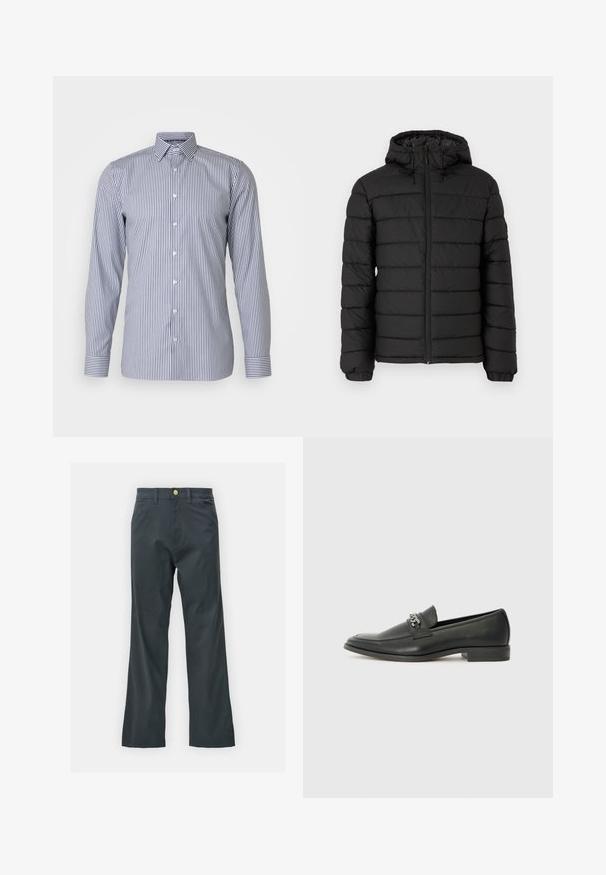 Fekete, kapucnis puffertakó, steppelt mintával, elöl cipzárral, rugalmas mandzsettákkal és sima textúrával, mely melegséget és szigetelést biztosít.; OLYMP No. Six Alkalmi ing - marine; Fekete nadrág egyenes szárú fazonban, pamut keverék anyagból készült. Fém gombos záródással és oldalsó zsebekkel rendelkezik. Nincs látható mintázat.; Fekete bőr loaferek sima felülettel, varrott mintával és díszítő fém lánccal a cipő elején. Lapos sarok.