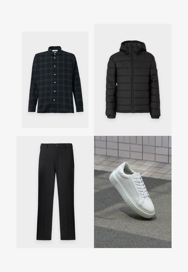 Black puffer jacket with a hood, quilted design, front zipper, elasticated cuffs, and a smooth texture, offering warmth and insulation.; Long-sleeve plaid shirt in dark green and navy, made of cotton, featuring a button-down collar and front button placket.; Black trousers featuring a straight leg design, button closure, and belt loops, with a smooth texture and no visible patterns or accents.; White leather sneaker with a smooth surface, round toe, and flat white laces. Features a textured rubber sole and minimal design elements.