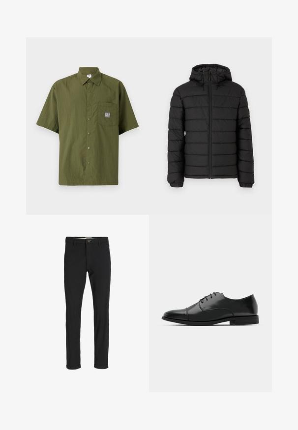 Crna puffer jakna s kapuljačom, sa šivenim uzorkom, prednjim zatvaračem, elastičnim manžetama i glatkom teksturom, koja pruža toplinu i izolaciju.; Košulja kratkih rukava u maslinastozelenoj tkanini s kragnom na dugme, koja ima džep na prsima s sivošnim GAP logom.; Crne hlače od pamuka sa slim fit krojem, s kopčanjem na dugme, džepovima i zavrnutim rukavima za ležeran izgled.; Crne kožne cipele s okruglim prstom, s vezanjem, suptilnim detaljima šivanja i niskim potplatima. Glatka tekstura s poliranim finišem.