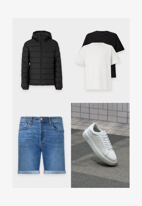 Czarna kurtka puchowa z kapturem, pikowany design, zamek błyskawiczny z przodu, elastyczne mankiety oraz gładka faktura, zapewniająca ciepło i izolację.; Zestaw bawełnianych t-shirtów zawierający czarną i białą koszulkę, obie z krótkimi rękawami, okrągłym dekoltem i standardowym krojem. Teksturowana tkanina.; Szorty dżinsowe w średnim niebieskim odcieniu z podwiniętymi mankietami, pięcioma kieszeniami, zapięciem na mosiężny guzik i kontrastowym przeszyciem.; Białe skórzane trampki z gładką powierzchnią, okrągłym noskiem i płaskimi białymi sznurowadłami. Posiadają teksturowaną gumową podeszwę oraz minimalistyczne elementy projektowe.