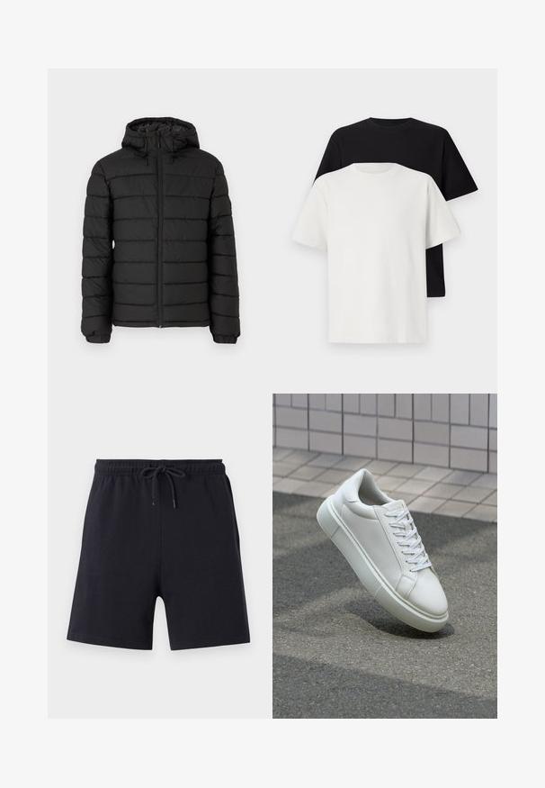 Schwarze Pufferjacke mit Kapuze, gestepptem Design, Frontreißverschluss, elastischen Bündchen und glatter Textur, die Wärme und Isolation bietet.; Baumwoll-T-Shirt-Set bestehend aus einem schwarzen Oberteil und einem weißen Oberteil, beide mit kurzen Ärmeln, Rundhalsausschnitt und normaler Passform. Texturiert.; Schwarze Baumwollshorts mit elastischem Bund und Kordelzug, in einem schlichten Design und mit glatter Textur.; Weiße Leder-Sneaker mit glatter Oberfläche, runder Zehenpartie und flachen weißen Schnürsenkeln. Verfügt über eine strukturierte Gummisohle und minimalistische Designelemente.