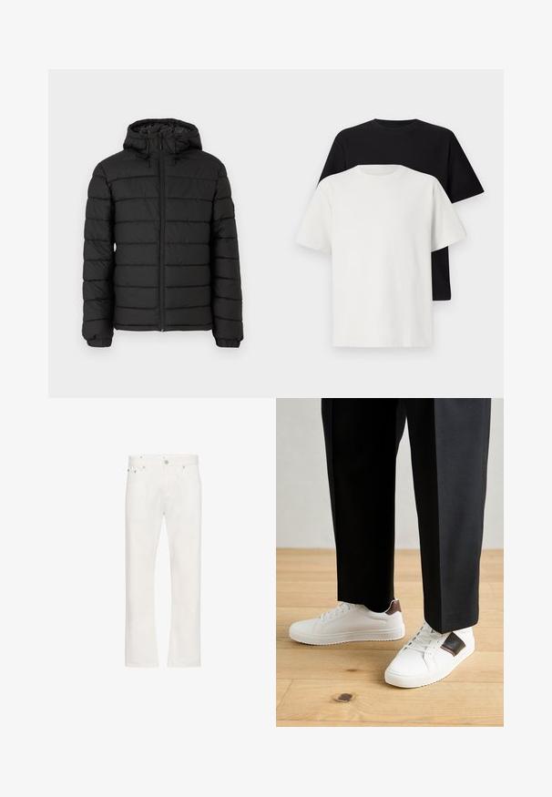 Juodas pūkinis švarkas su gobtuvu, siuvinėta medžiaga, priekinis užtrauktukas, elastingi rankogaliai ir švelni tekstūra, teikianti šilumą ir izoliaciją.; Medvilniniai marškiniai, kuriuos sudaro juodas ir baltas marškinėliai, abu su trumpomis rankovėmis, apvaliu iškirpimu ir standartiniu sijonu. Tekstūruota medžiaga.; Baltos džinsinio audinio kelnes su tiesiu kirpimu, penkių kišenių dizainu ir matomomis siūlėmis. Yra mygtuko užsegimas ir dirželio kilpos.; Balti sportbačiai su glotnia danga, puošti rudais odiniais akcentais ir juodais detalėmis, derinami su juodais pritaikytais kelnėmis. Medinių grindų fonas.