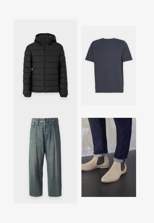 Juodas pūkinis švarkas su gobtuvu, siuvinėta medžiaga, priekinis užtrauktukas, elastingi rankogaliai ir švelni tekstūra, teikianti šilumą ir izoliaciją.; Jūrų mėlynos spalvos apvalaus kaklo marškiniai, pagaminti iš minkštos medvilnės mišinio, su trumpomis rankovėmis ir įprastu kirpimu. Nėra matomų raštų ar akcentų.; Šviesiai mėlyni džinsai su laisvu siluetu, vidutinio aukščio juosmeniu ir tiesiomis kojomis. Su penkiais kišenėmis, diržo kilpo ir mygtukų uždarymu.; Zign LEATHER - Klasikiniai aulinukai - sand