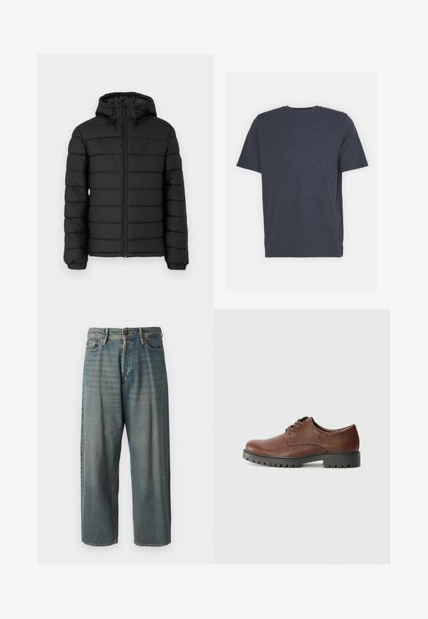 Must musta jope kapuutsiga, vatitud disainiga, ees lukuga, elastsete mansettidega ja siledast tekstuurist, pakkudes soojust ja isolatsiooni.; Tumed sinine ümar kaelusega T-särk, mis on valmistatud pehmest puuvilla segamisel põhinevast kangast, lühikeste varrukatega ja tavalise lõikega. Ilma nähtavate mustrite või aktsentideta.; Heledad sinine denim-stiilis teksad, volüümse lõike, keskmise kõrgusega talje ja sirgete säärega. Omab viit taskut, vöökumme ja nööpide sulgemist.; Pruun nahast oksfordi king, millel on sile pind, ümar toe ja must kummist välistald, millel on mustrit. Paelad on kinnitatud esiosas.